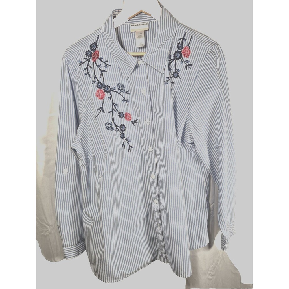 ALFRED DUNNER WN SZ 18 STRIPED BUTTON DOWN SHIRT W/PINK&BLUE FLORAL EMBROIDERY